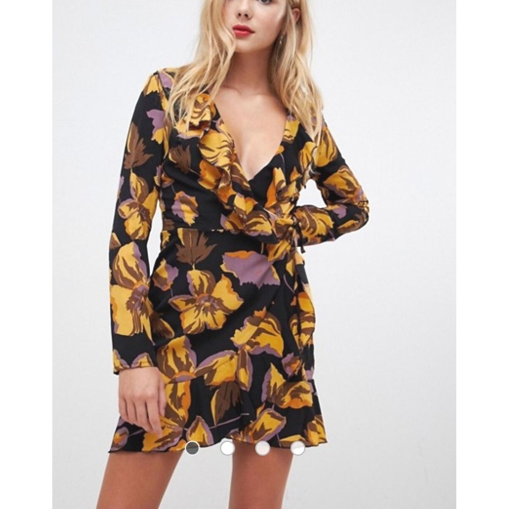 PARISIAN Women Floral Print Faux Wrap Ruffle Long Sleeve Mini Dress Size 8
